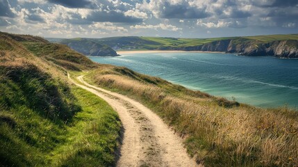 Scenic Coastal Path with Lush Green Grass and Clear Blue Water