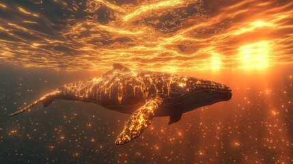 Glowing humpback whale swims in fiery sunset ocean.