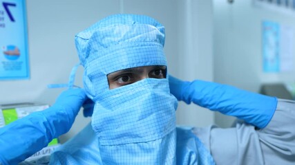 Gowning process in medicine making, pharmaceutical factory. pharma worker changing clothes into PPE kit, pharmaceutical production area cleanroom. Person wearing mask, cap entering into sterile area.