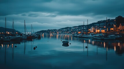 Serene Evening Atmosphere Over Calm Harbor with Reflected Lights