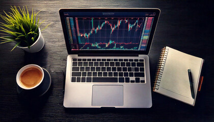 Analyzing financial trends with a laptop and coffee home office workspace data visualization