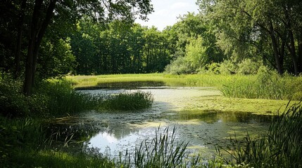 Tranquil Scenic View of a Serene Freshwater Pond Surrounded by Trees