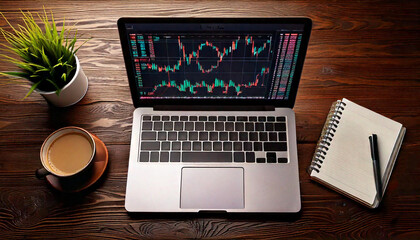 Fototapeta premium Analyzing stock market trends home office digital workspace cozy environment top-down view