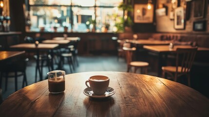 Coffee cup on wooden table in cafe.