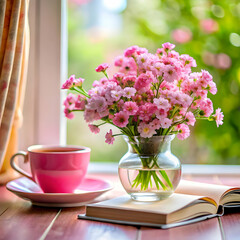 close up of a small pink flower bouquet  in glass vase near  a pink cup of tea