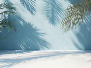 minimalist concept with palm leaves casting shadows on a blue wall and pastel floor, creating a summer tropical beach background in an empty room ideal for product placement