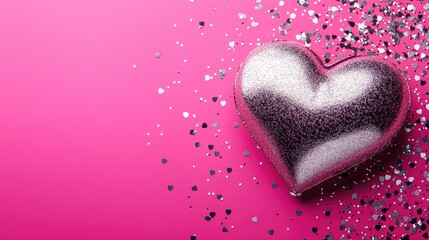Fototapeta premium A vibrant magenta pink background with a 3D metallic heart and silver confetti, perfect for creating love-themed Valentine's Day banners, flyers, and romantic celebrations with copy space.