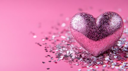 Fototapeta premium A vibrant magenta pink background with a 3D metallic heart and silver confetti, perfect for creating love-themed Valentine's Day banners, flyers, and romantic celebrations with copy space.