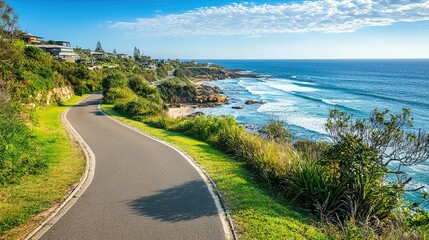 Scenic Coastal Pathway with Ocean View and Lush Greenery