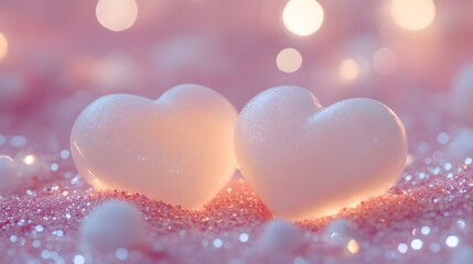Obraz premium Two glistening hearts rest on pink glitter