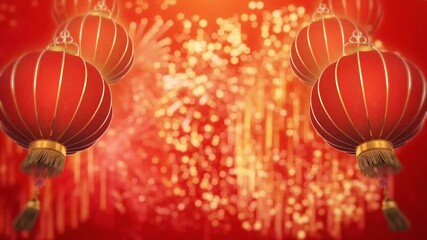Chinese New Year illuminating 3D Lantern and Fireworks explosion Background with copy space for text. Lunar new year backdrop.