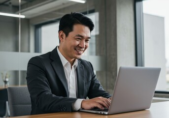 A happy businessman watching a webinar or attending a virtual meeting on his laptop

