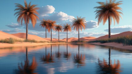 Oasis in desert with palm trees reflecting in calm water under a blue sky.