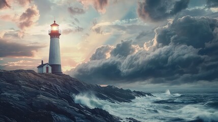 Majestic Lighthouse on Rocky Coast Under Dramatic Cloudy Sky