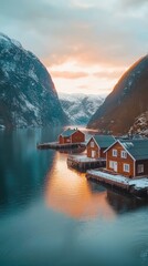Fototapeta premium Stunning Scenic View of Norwegian Fjord at Sunset with Cabins