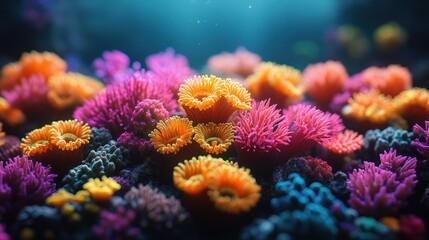 Fototapeta premium Vibrant coral reef with diverse colorful polyps undersea.