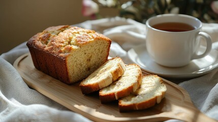 Freshly Baked Loaf of Bread with Slices and Cup of Tea