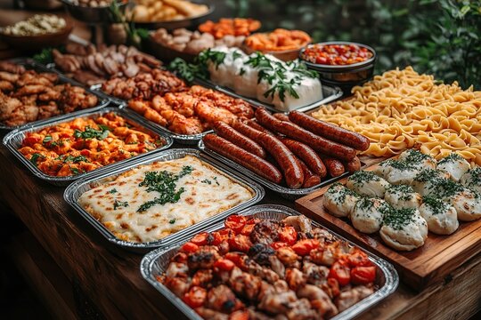 A delicious spread of catered food, perfect for a party or event.  Various dishes are arranged on a wooden table.