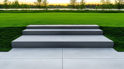 Modern concrete steps leading to a lush green lawn under a serene sunset sky by the water's edge