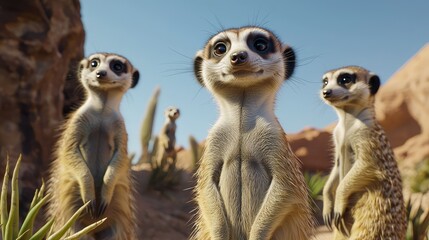 Curious Meerkats in Desert Landscape Under Bright Blue Sky