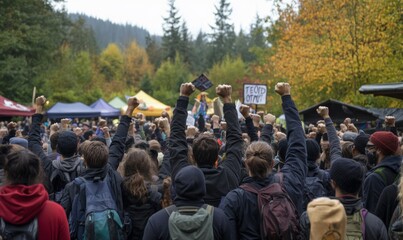 A group of people raising their fists together in unity, standing in a vibrant outdoor setting with banners and signs visible. 