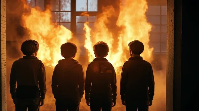 Kids watching a fire drill scene with smoke and flames