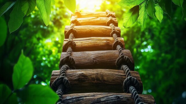 A winding wooden ladder leading up through vibrant green foliage towards sunlight in a serene forest setting - Powered by Adobe
