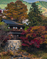 Japanese house surounded by the colourful leaves of the trees during the peak of the autum season in Japan