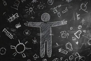 A teacher figure with their body made of chalk and symbols, as if dissolving into the blackboard, symbolizing the transfer of knowledge