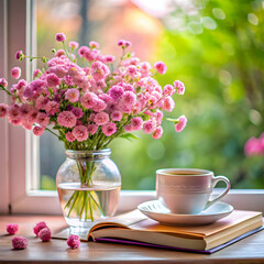 close up of a small pink flower bouquet  in glass vase near  a pink cup of tea