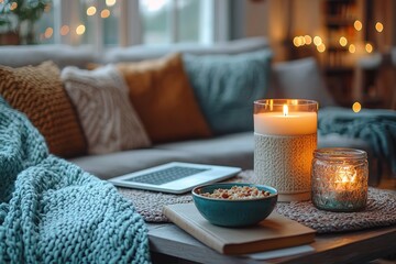 Cozy living room scene with candles, a laptop, and a bowl of granola. Perfect for relaxation and enjoying a quiet evening at home.