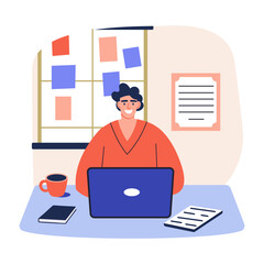 Employee attending an online meeting, flat illustration
