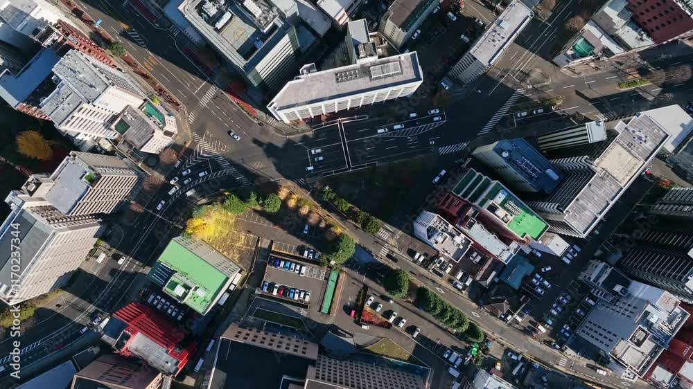 Leinwandbilder 都市、空撮、ドローン、真俯瞰、真上、ビル、道路、社会、交通、産業、ビジネス、都会、自動車、暮らし、時代、現代、防災、日本、交差点、不動産、企業、俯瞰、ハイアングル、展望、パノラマ、鳥瞰図、見下ろす、風景、景観、景色、迫力、建設、建築、高層ビル、摩天楼、観光、旅行、街、町並み、経済、行政、住宅、インフラ、地域、整備、公共、モビリティ、屋上、60p、進歩