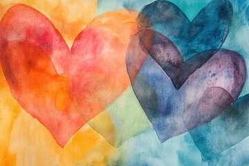 Abstract watercolor painting with overlapping heart shapes
