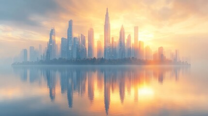Fototapeta premium Sunrise over misty city skyline reflected in calm water.