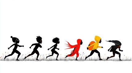 A colorful journey of children running together, showcasing diversity and playfulness in a natural setting