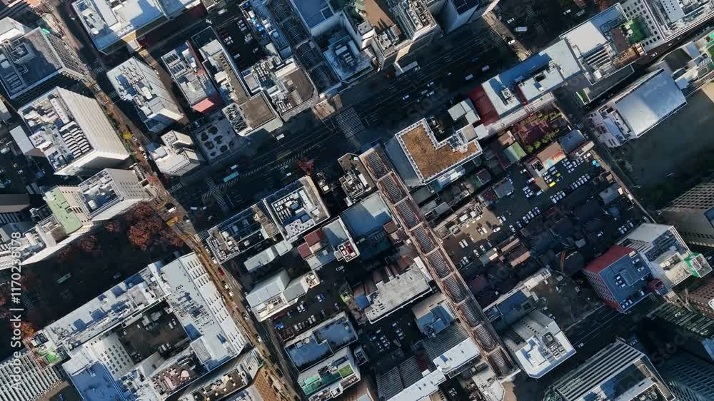 Aufkleber 都市、社会、真俯瞰、ドローン、空撮、建設、産業、ビジネス、開発、日本、時代、都会、街、町並み、道路、交通、俯瞰、ハイアングル、風景、景色、景観、上から見た、見下ろす、現代、建築、ビル、ビル群、不動産、高層ビル、観光、旅行、地域、行政、経済、公共、将来、進歩、発展、成長、屋上、インフラ、繁華街、自動車、真上、暮らし、防災、鳥瞰図、住宅、モビリティ、60p