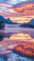 Serene Sunset Over Foggy Lake with Mystic Mountains in Distance