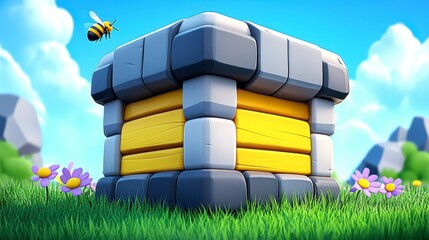 A playful and colorful 3D representation of a cartoon-style beehive surrounded by vibrant flowers and a bee, set against a sunny blue sky.