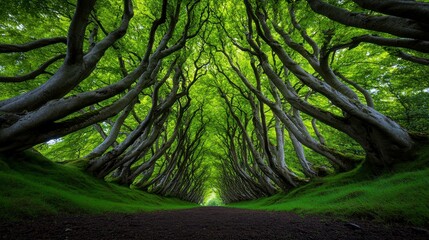 A serene forest pathway lined with majestic trees, inviting tranquility and exploration in a lush green setting
