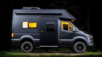 A sleek and modern camper van parked in a lush forest setting, showcasing its stylish design and warm interior lighting