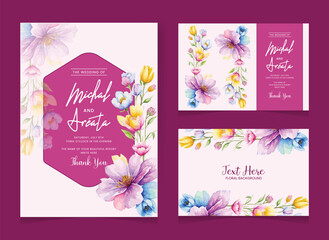 Modern wedding invitation card template with beautiful flower set. Abstract glitter background save the date, invitation, greeting card, multi-purpose vector
