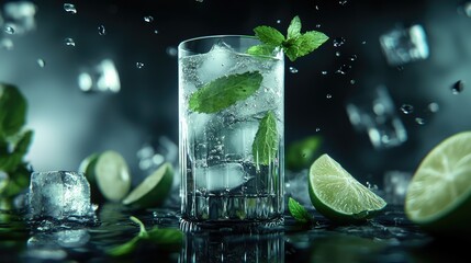Refreshing Mint and Lime Beverage in Sparkling Water with Ice