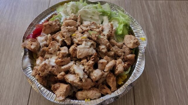 A bowl of chicken over rice ready to eat