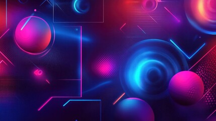 Abstract Neon Cyberpunk Art: Glowing Spheres and Geometric Shapes