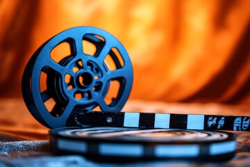Close-up of film reel and leader against warm background.