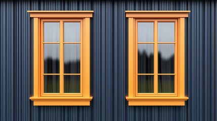 Obraz premium Symmetrical Vintage Windows with Orange Frames on Blue Wall