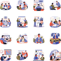 Office Work and Team Collaboration Flat Illustrations

