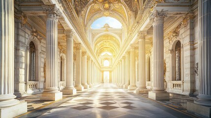 Fototapeta premium Elegant and Majestic Hallway with Columns and Radiant Lighting