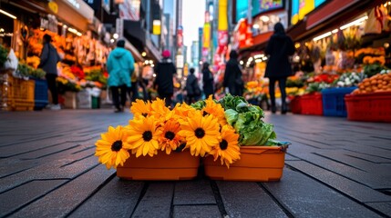 Naklejka premium Colorful street market scene featuring vibrant flowers and fresh produce in an urban setting during the day